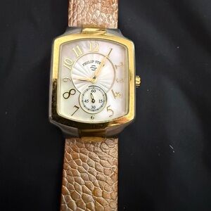 Philip Stein Gold Case Watch with Tan Strap